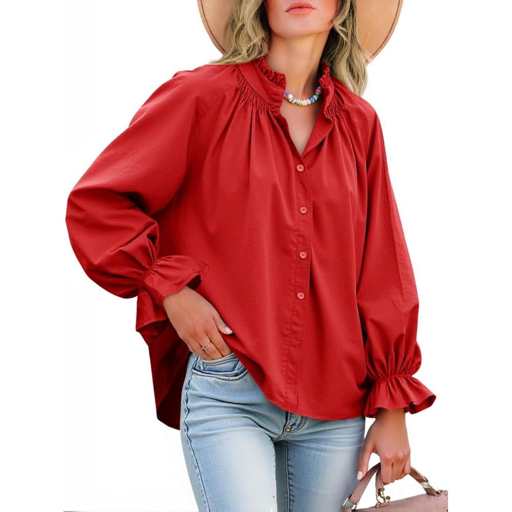 imageTankaneo Womens Puff Long Sleeve Button Down Shirts Pleated V Neck Cotton Blouses Loose Fit Casual Ruffle TopsRed