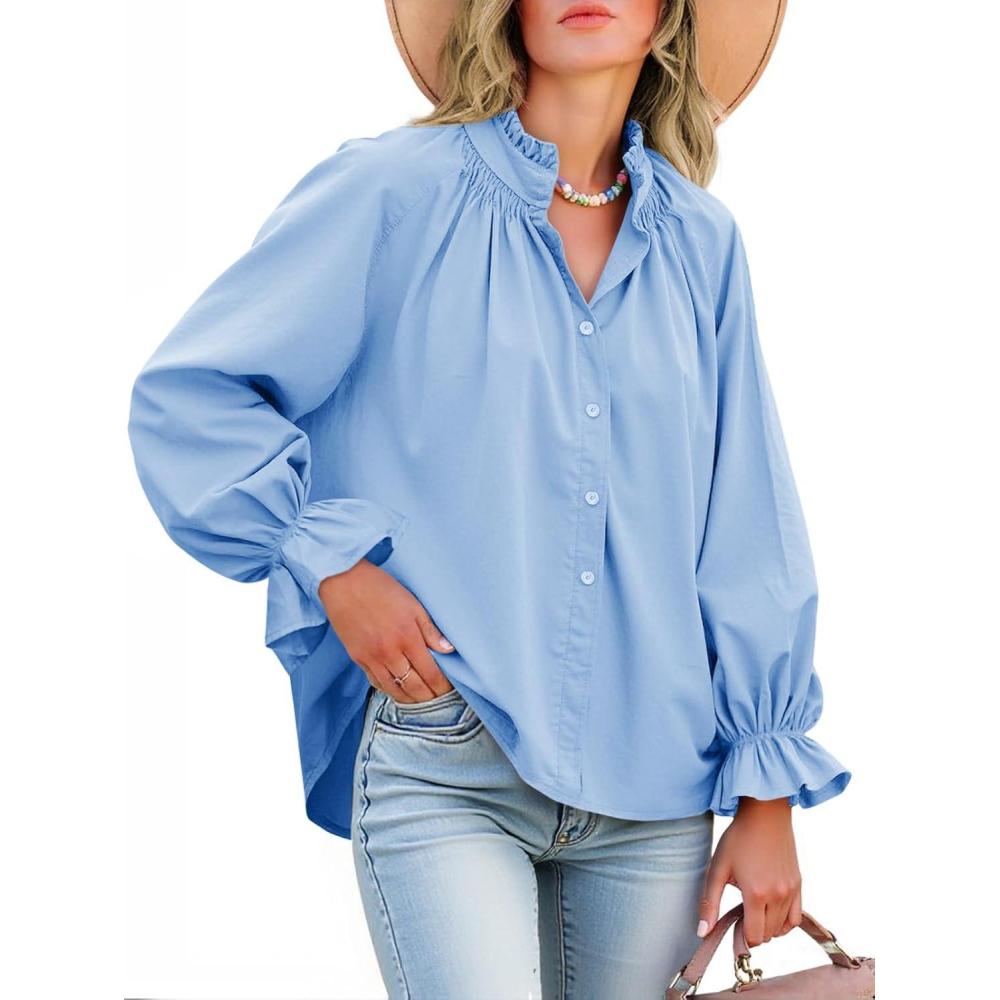 imageTankaneo Womens Puff Long Sleeve Button Down Shirts Pleated V Neck Cotton Blouses Loose Fit Casual Ruffle TopsSky Blue