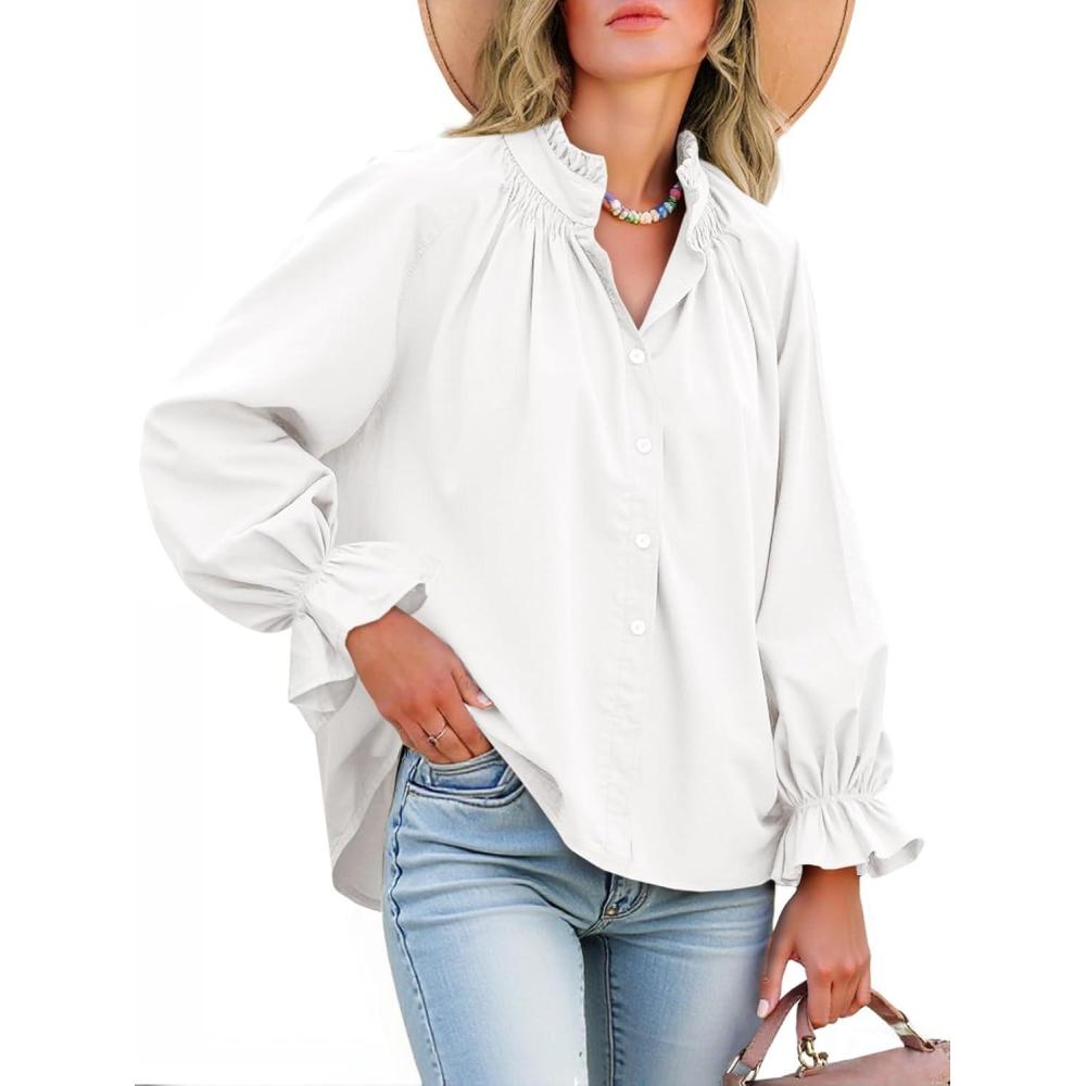 imageTankaneo Womens Puff Long Sleeve Button Down Shirts Pleated V Neck Cotton Blouses Loose Fit Casual Ruffle TopsWhite