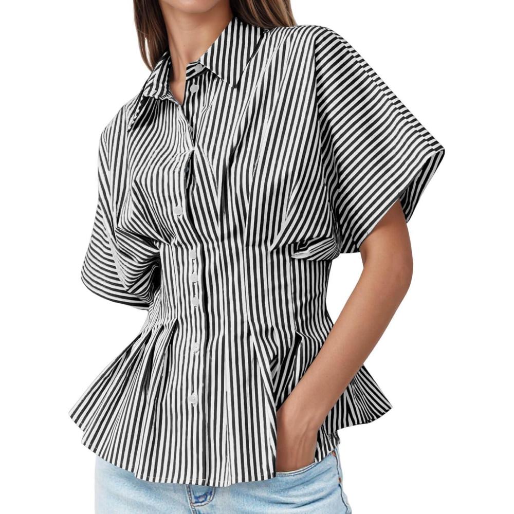 imageTankaneo Womens Striped Peplum Button Down Shirts Short Sleeve Pleated Tops Summer Business Casual BlousesBlack