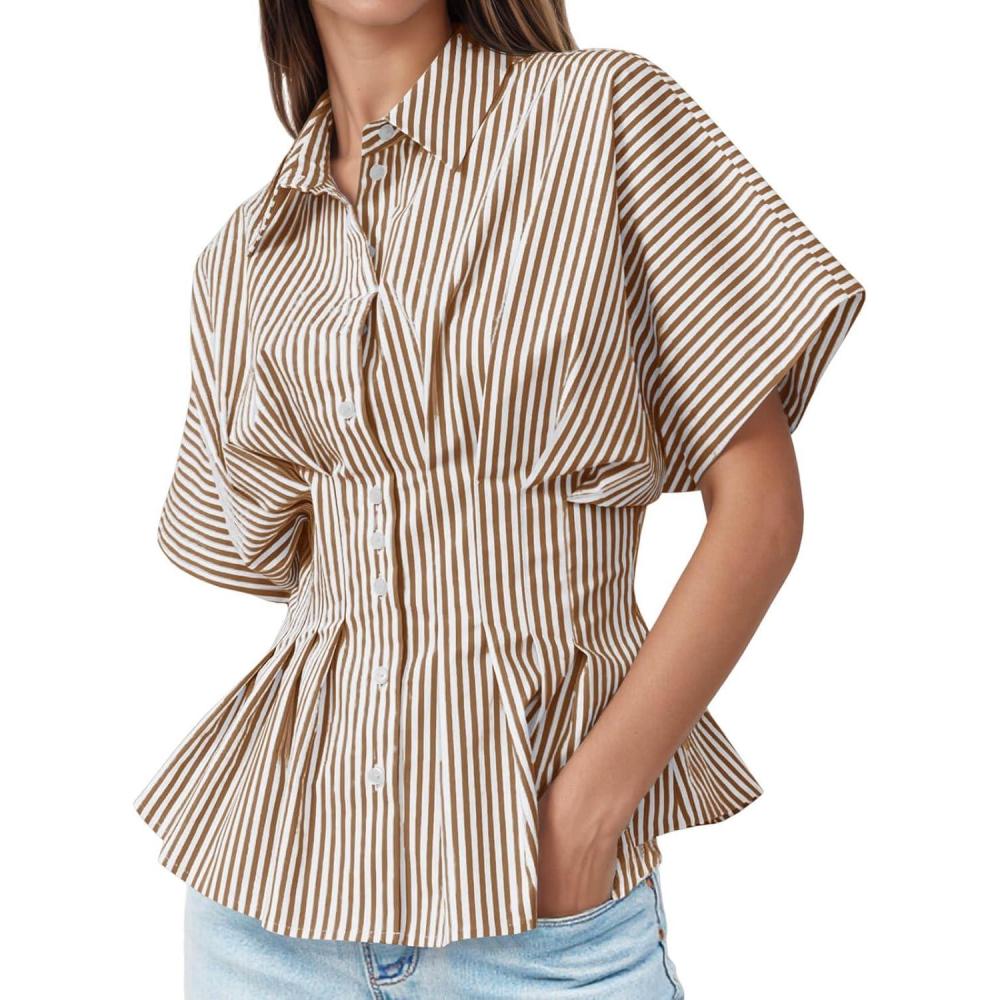 imageTankaneo Womens Striped Peplum Button Down Shirts Short Sleeve Pleated Tops Summer Business Casual BlousesBrown
