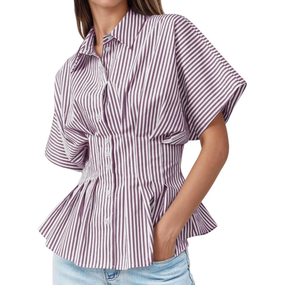 imageTankaneo Womens Striped Peplum Button Down Shirts Short Sleeve Pleated Tops Summer Business Casual BlousesDark Purple