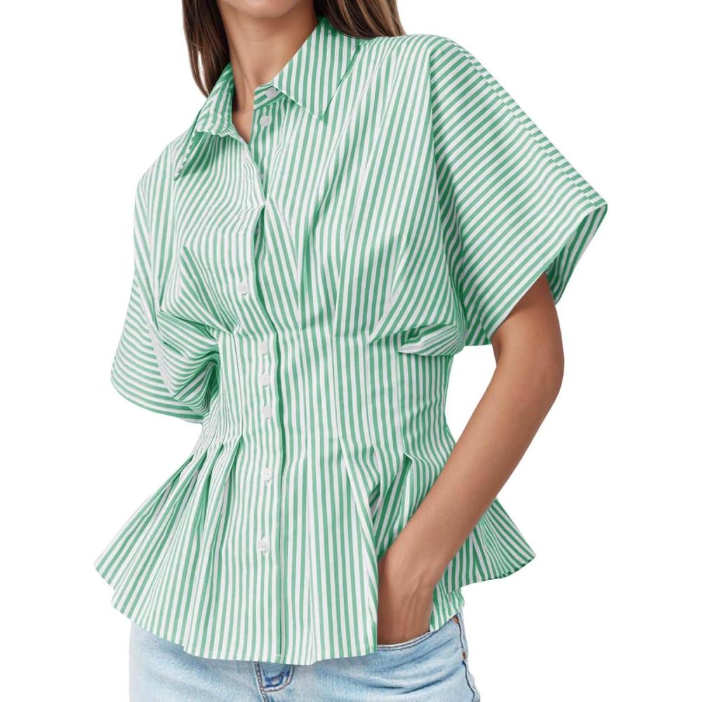imageTankaneo Womens Striped Peplum Button Down Shirts Short Sleeve Pleated Tops Summer Business Casual BlousesLight Green