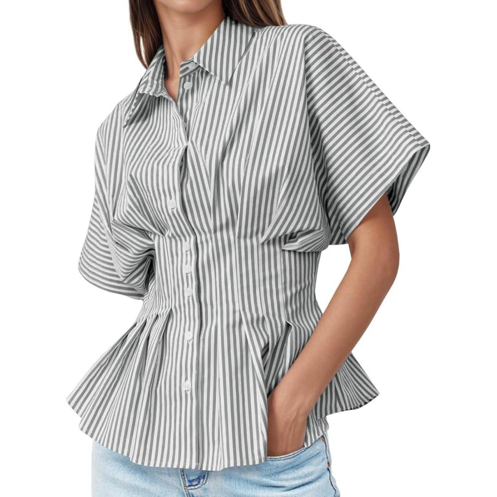 imageTankaneo Womens Striped Peplum Button Down Shirts Short Sleeve Pleated Tops Summer Business Casual BlousesLight Grey