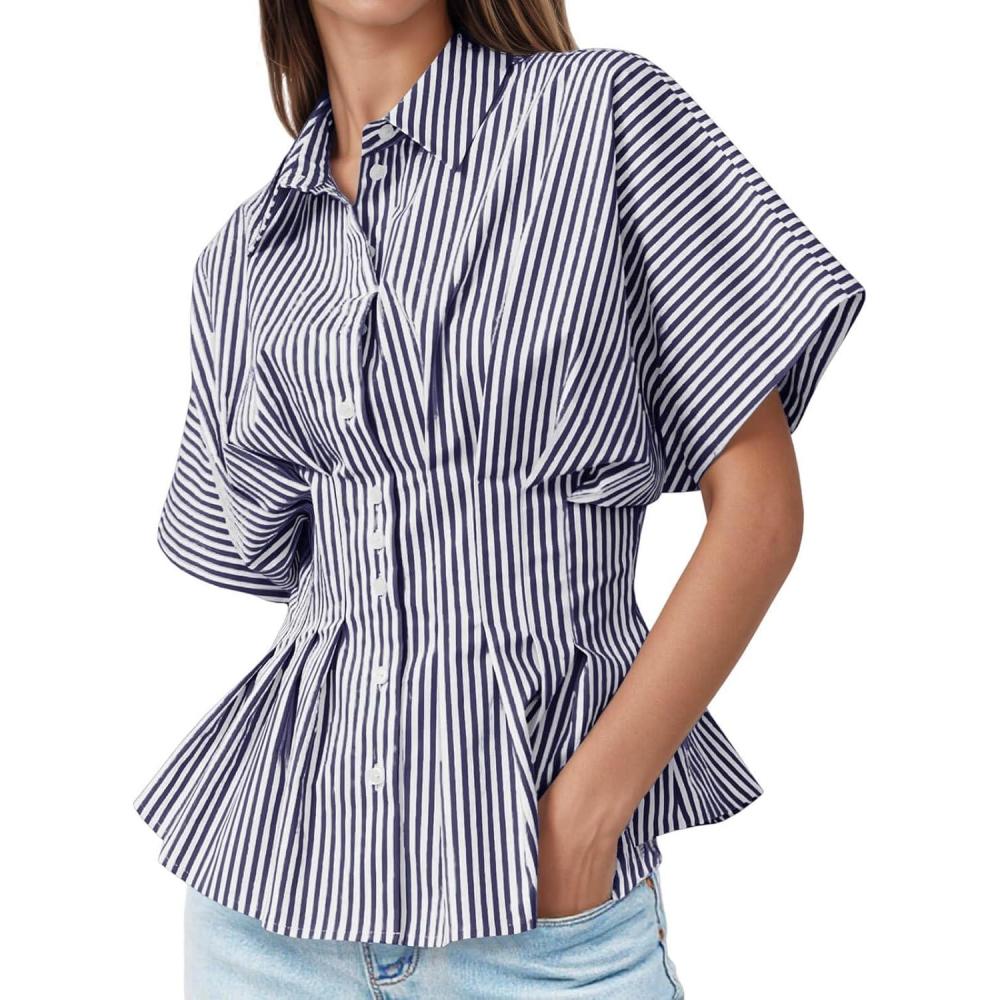 imageTankaneo Womens Striped Peplum Button Down Shirts Short Sleeve Pleated Tops Summer Business Casual BlousesNavy