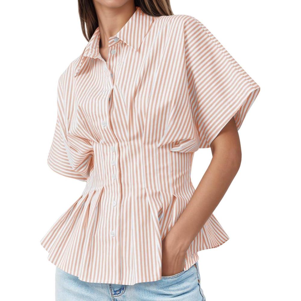 imageTankaneo Womens Striped Peplum Button Down Shirts Short Sleeve Pleated Tops Summer Business Casual BlousesPinkorange