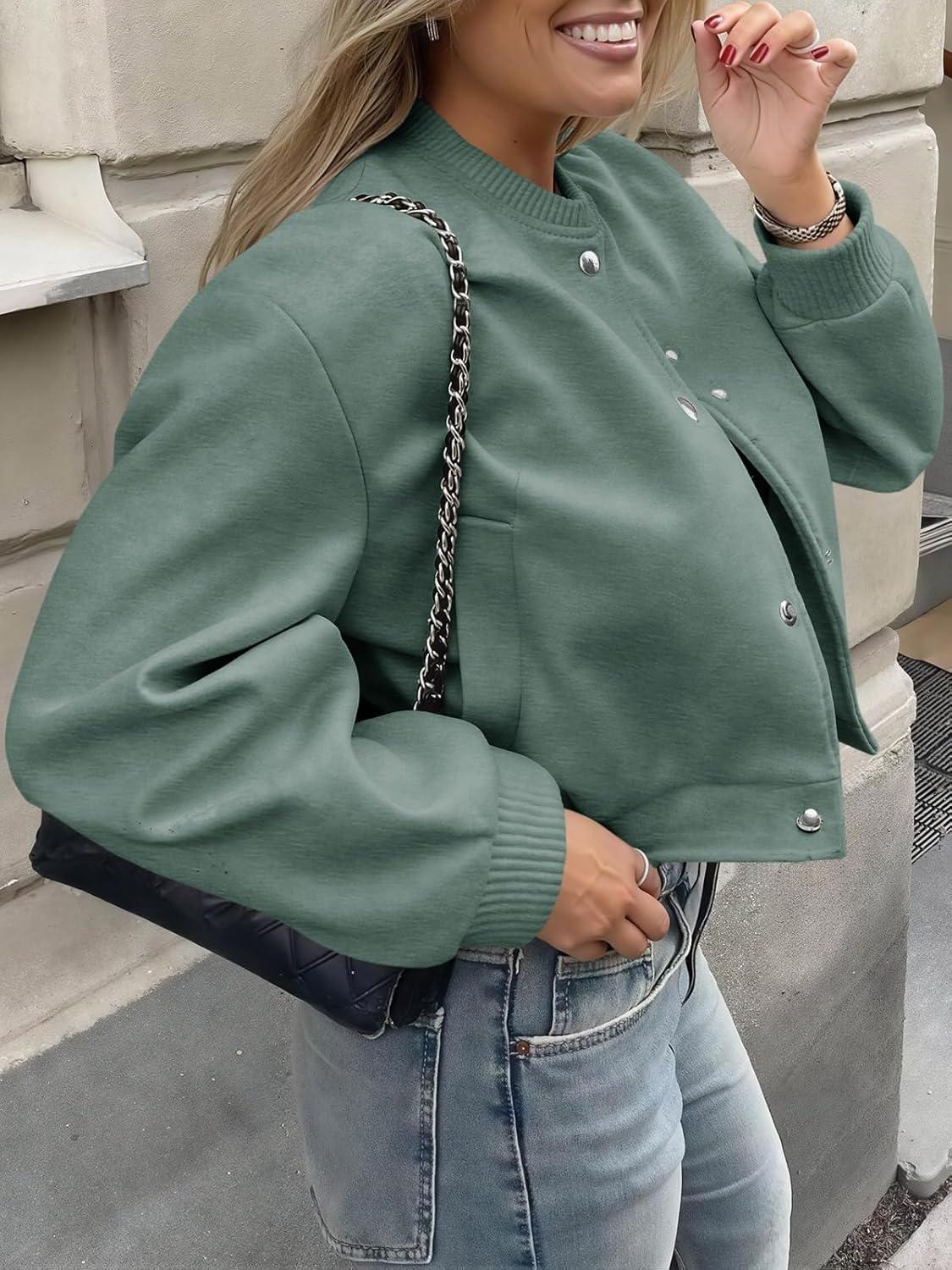 imageTankaneo Womens Cropped Bomber Jacket Wool Blend Varsity Short Pea Coats Long Sleeve Button Down Winter Casual OuterwearArmy Green