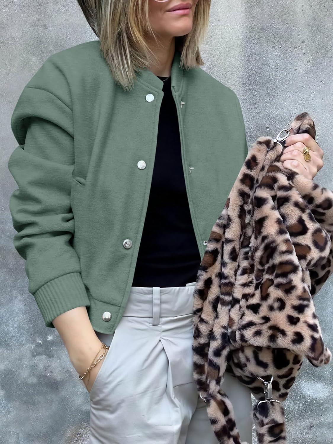 imageTankaneo Womens Cropped Bomber Jacket Wool Blend Varsity Short Pea Coats Long Sleeve Button Down Winter Casual OuterwearArmy Green