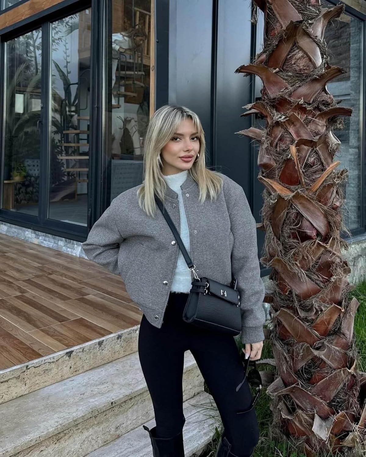 imageTankaneo Womens Cropped Bomber Jacket Wool Blend Varsity Short Pea Coats Long Sleeve Button Down Winter Casual OuterwearDark Grey