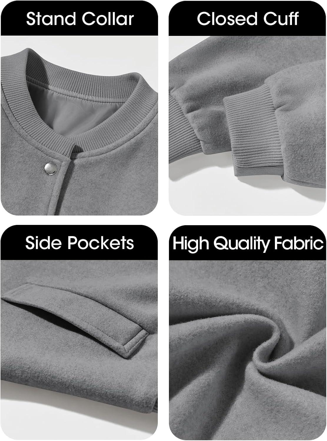 imageTankaneo Womens Cropped Bomber Jacket Wool Blend Varsity Short Pea Coats Long Sleeve Button Down Winter Casual OuterwearDark Grey