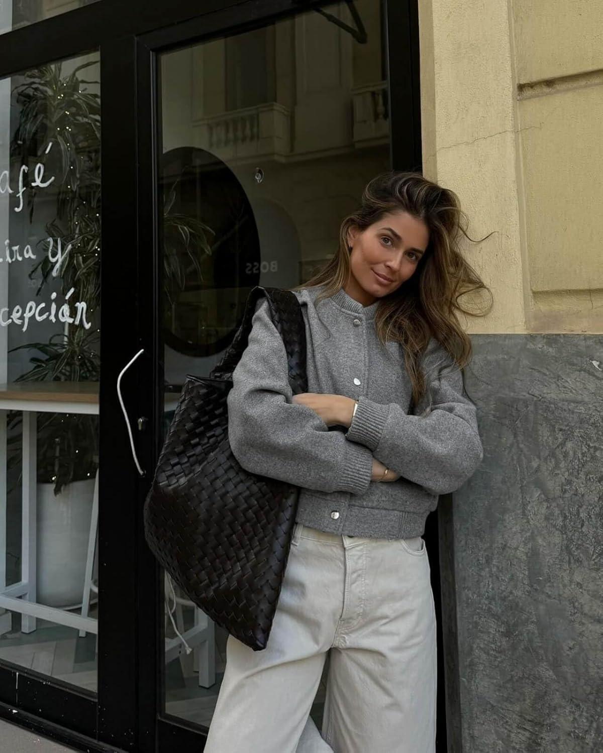 imageTankaneo Womens Cropped Bomber Jacket Wool Blend Varsity Short Pea Coats Long Sleeve Button Down Winter Casual OuterwearDark Grey