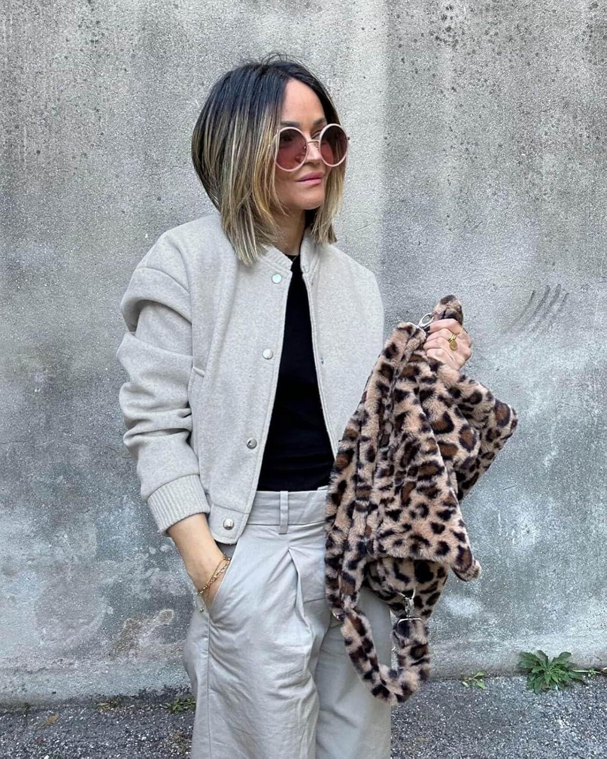 imageTankaneo Womens Cropped Bomber Jacket Wool Blend Varsity Short Pea Coats Long Sleeve Button Down Winter Casual OuterwearGrey