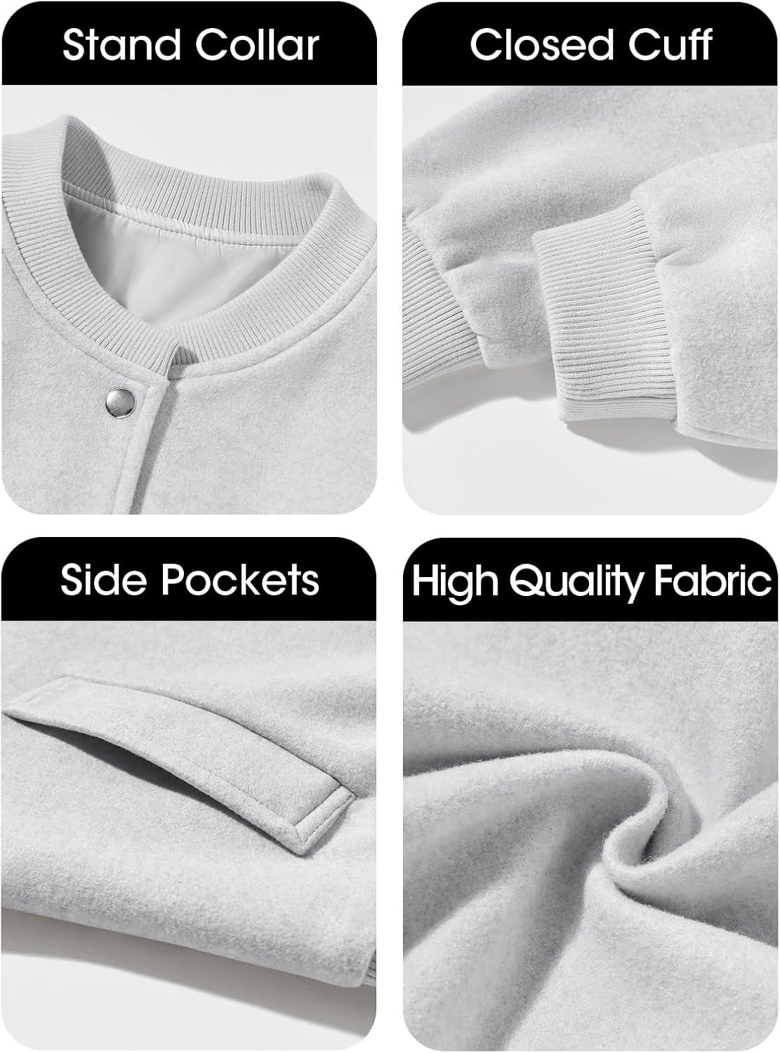 imageTankaneo Womens Cropped Bomber Jacket Wool Blend Varsity Short Pea Coats Long Sleeve Button Down Winter Casual OuterwearGrey