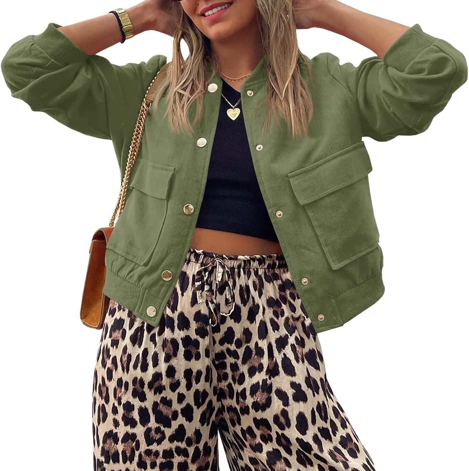 imageTankaneo Womens Cropped Puffer Bomber Jacket Winter Casual Button Down Varsity Coats with PocketsArmy Green