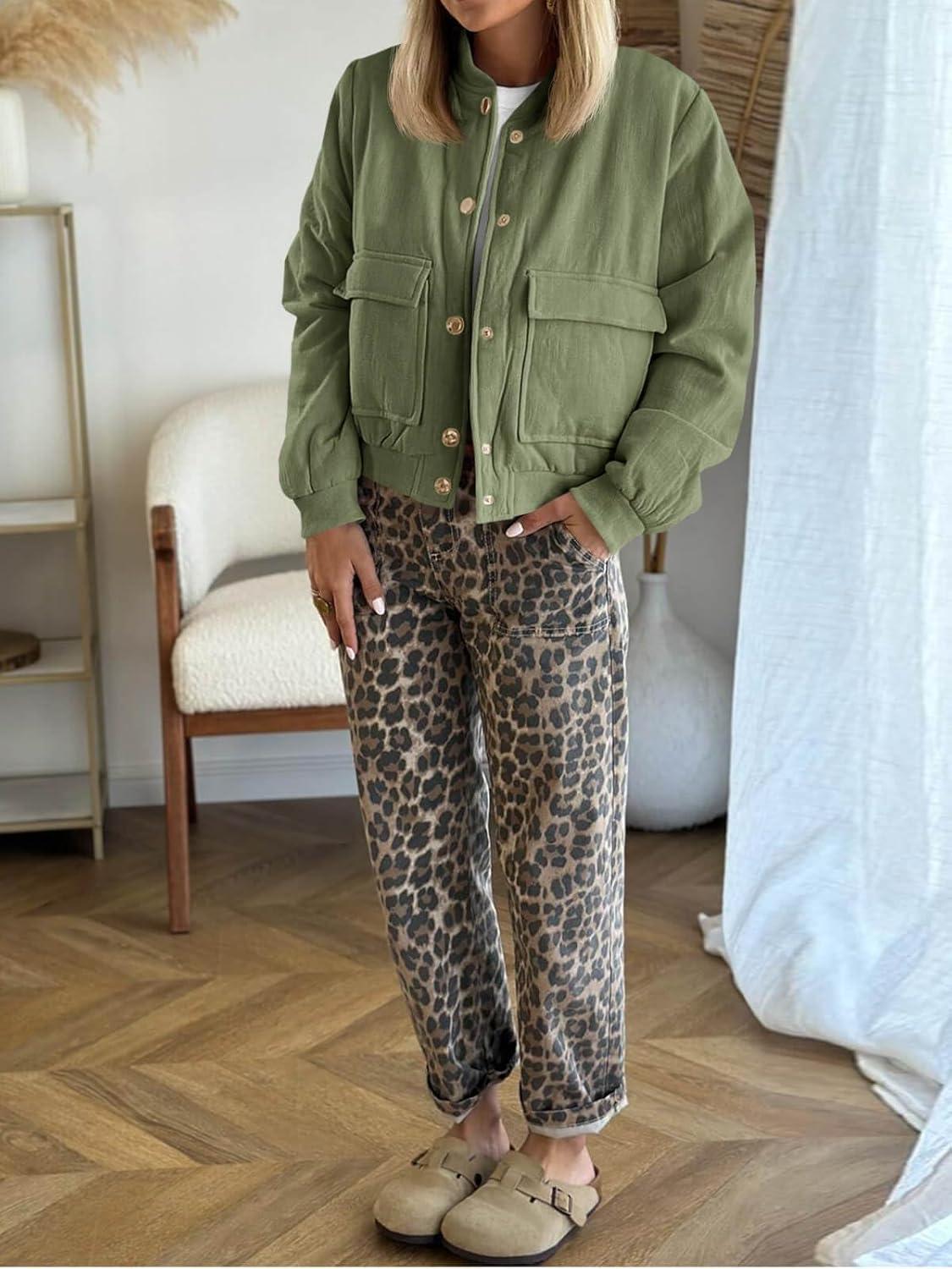 imageTankaneo Womens Cropped Puffer Bomber Jacket Winter Casual Button Down Varsity Coats with PocketsArmy Green