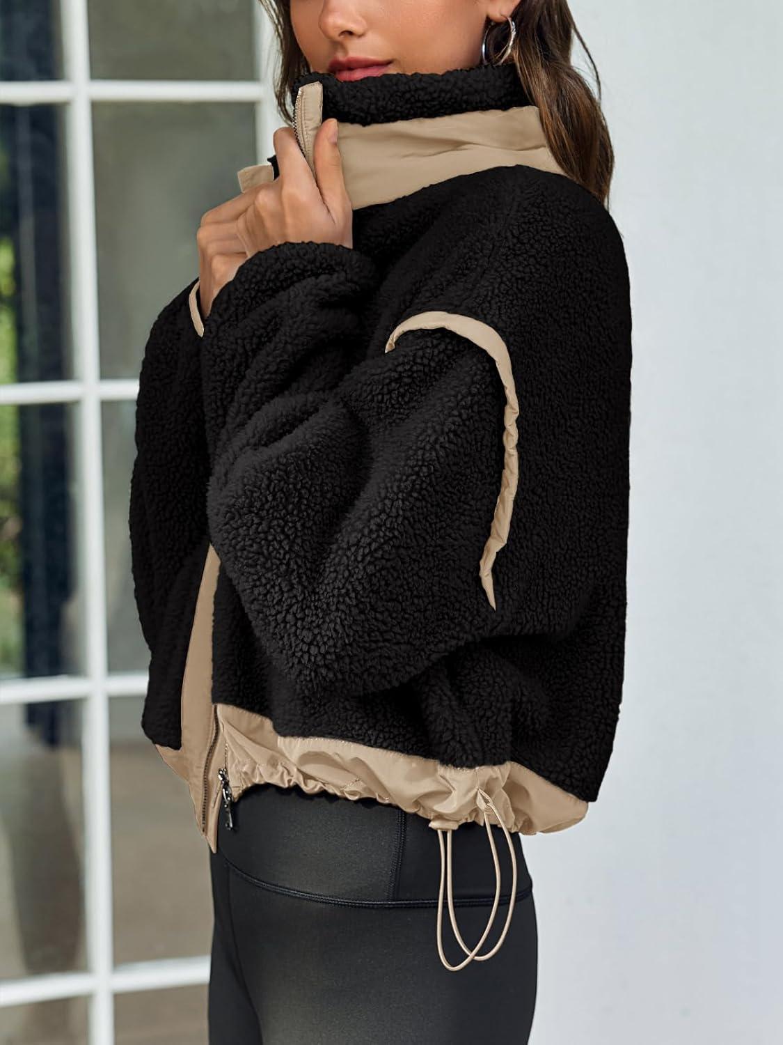 imageTankaneo Womens Cropped Zip Up Fleece Jacket Stand Collar Fuzzy Sherpa Coat Winter Color Block Teddy OuterwearBlack