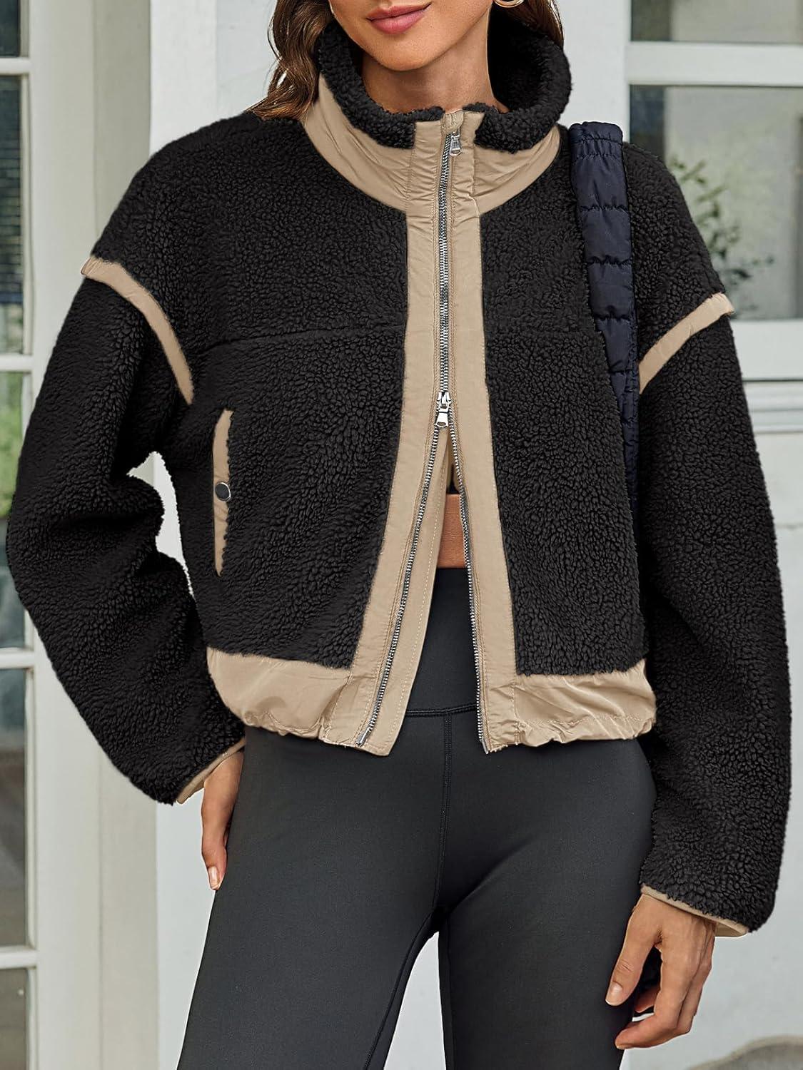 imageTankaneo Womens Cropped Zip Up Fleece Jacket Stand Collar Fuzzy Sherpa Coat Winter Color Block Teddy OuterwearBlack