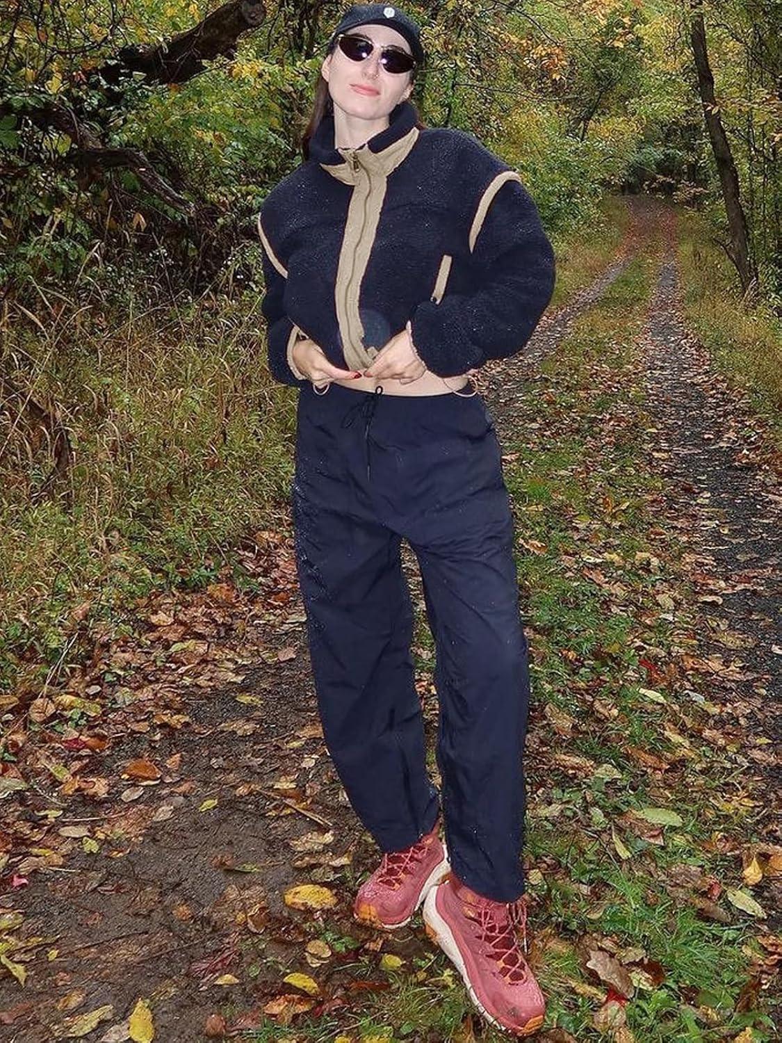 imageTankaneo Womens Cropped Zip Up Fleece Jacket Stand Collar Fuzzy Sherpa Coat Winter Color Block Teddy OuterwearBlack