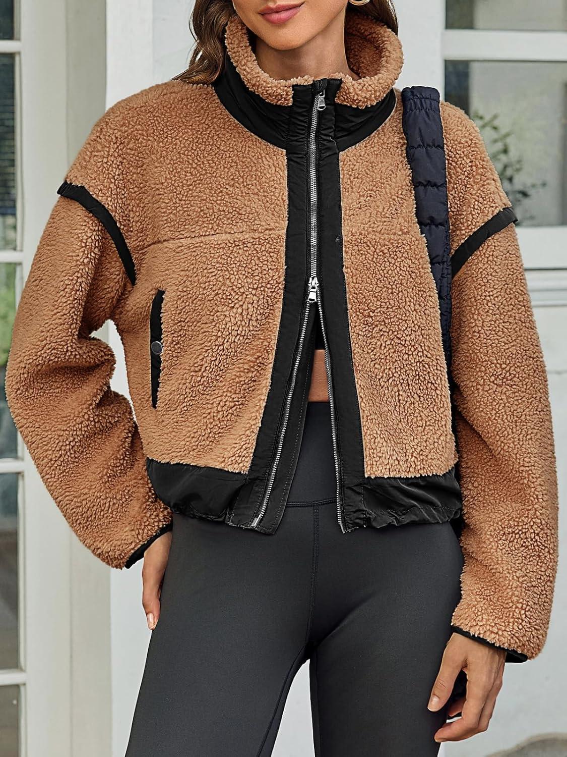 imageTankaneo Womens Cropped Zip Up Fleece Jacket Stand Collar Fuzzy Sherpa Coat Winter Color Block Teddy OuterwearBrown