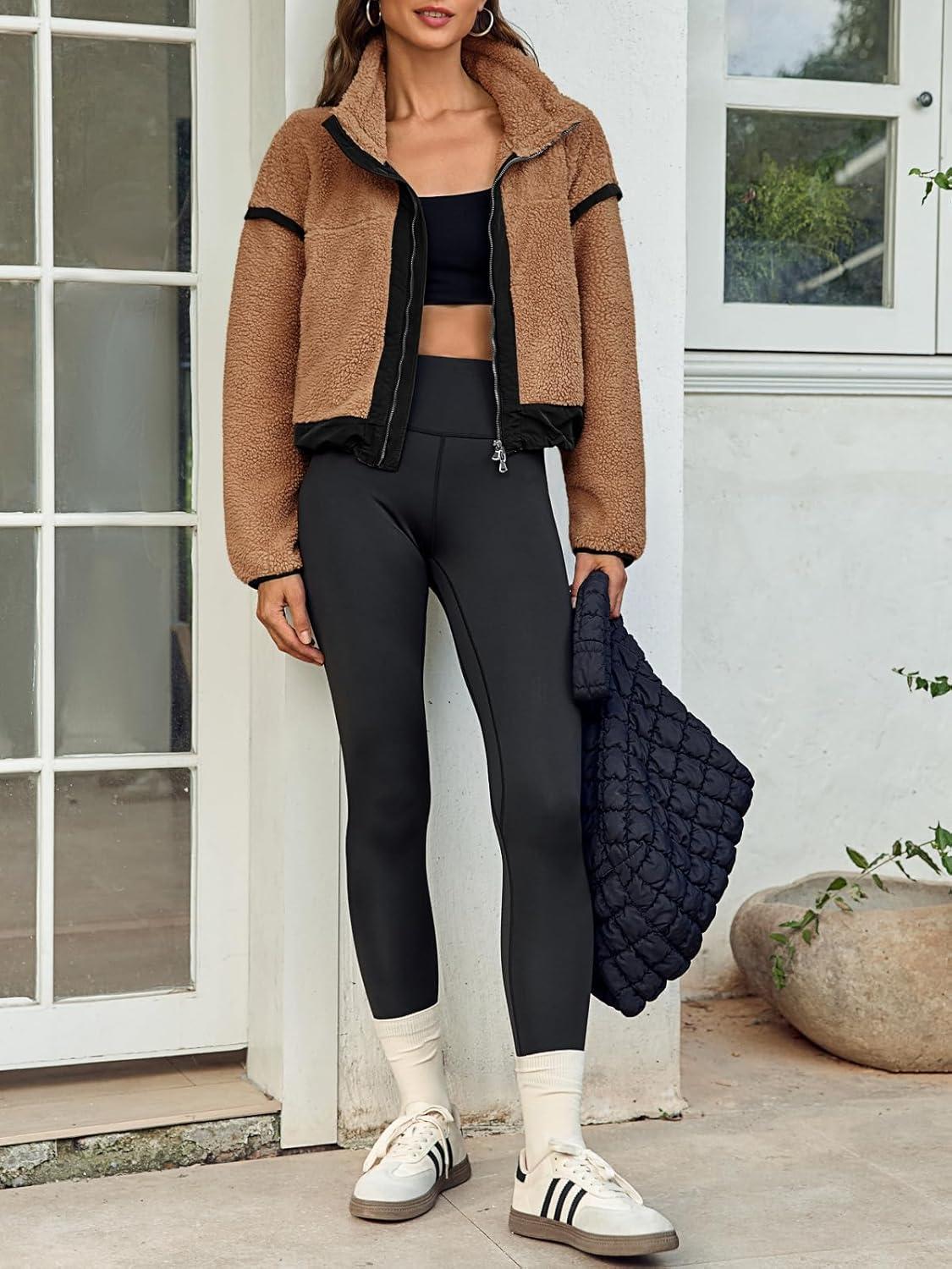 imageTankaneo Womens Cropped Zip Up Fleece Jacket Stand Collar Fuzzy Sherpa Coat Winter Color Block Teddy OuterwearBrown