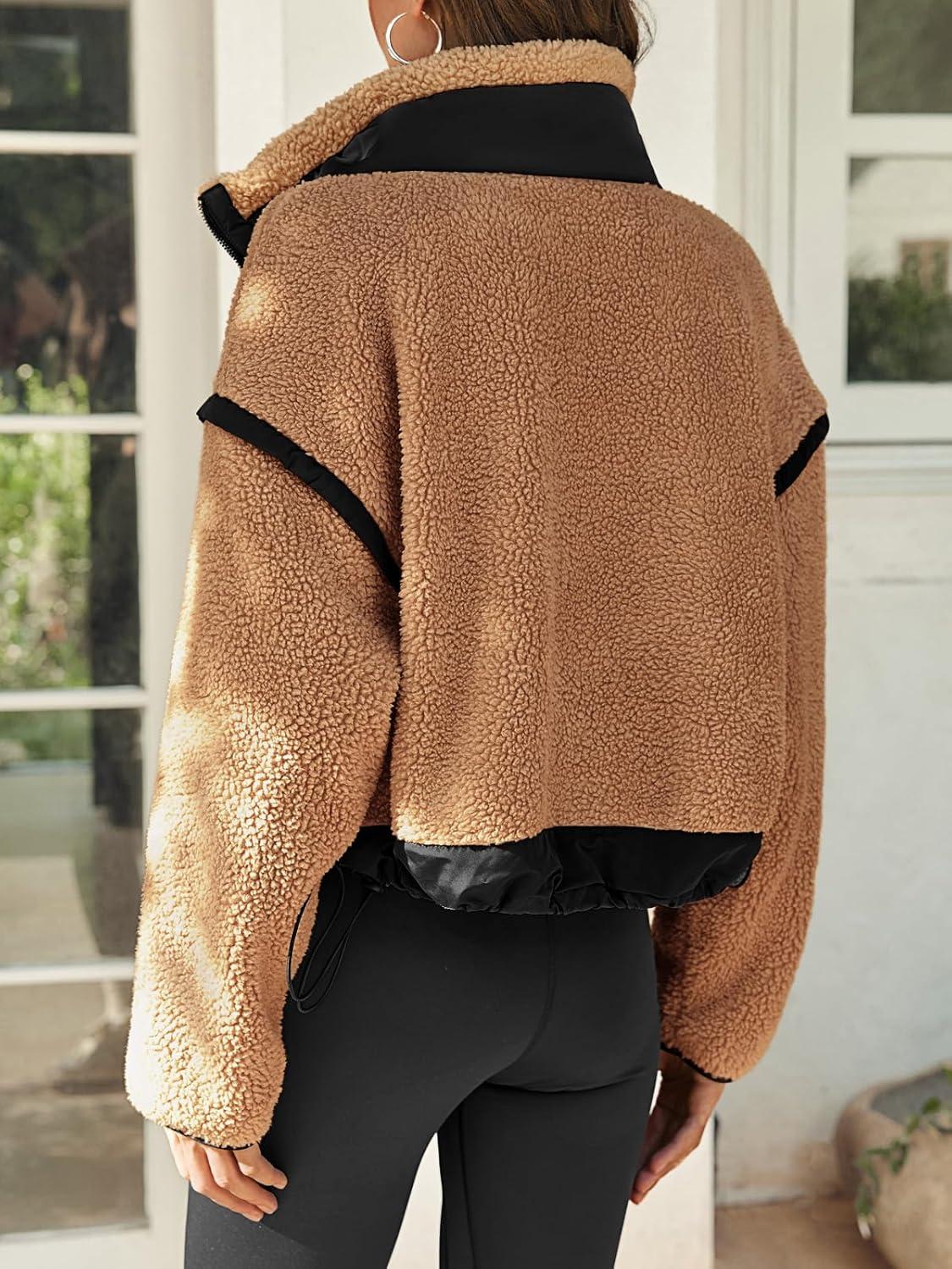 imageTankaneo Womens Cropped Zip Up Fleece Jacket Stand Collar Fuzzy Sherpa Coat Winter Color Block Teddy OuterwearBrown