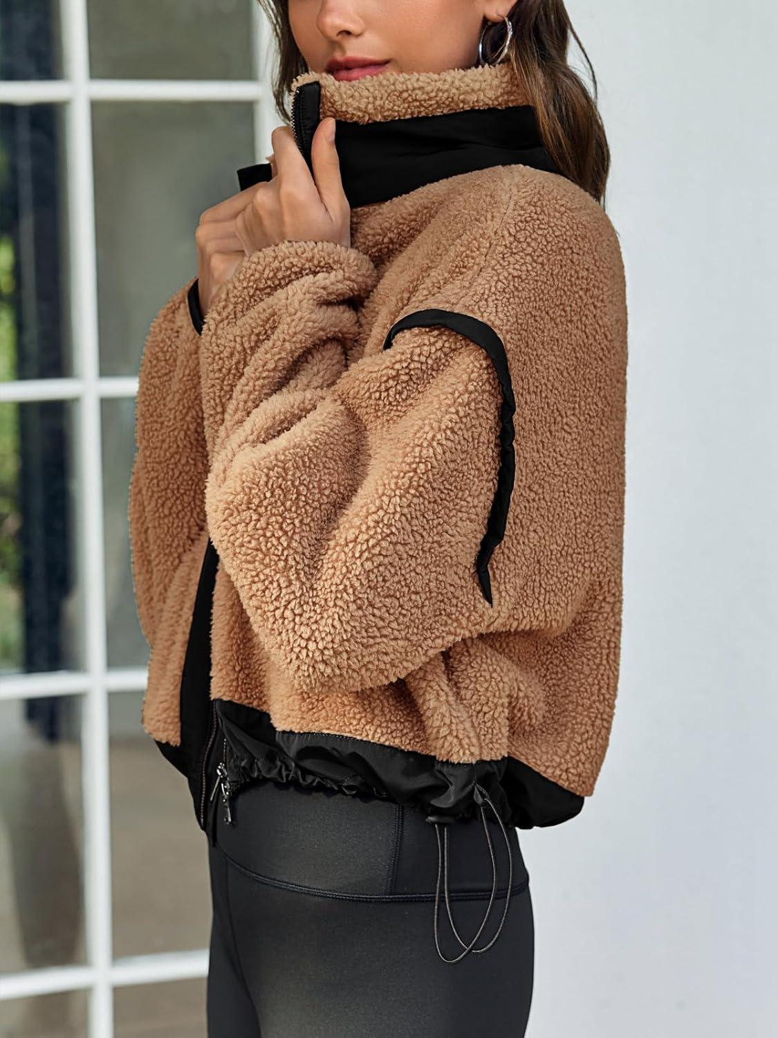 imageTankaneo Womens Cropped Zip Up Fleece Jacket Stand Collar Fuzzy Sherpa Coat Winter Color Block Teddy OuterwearBrown