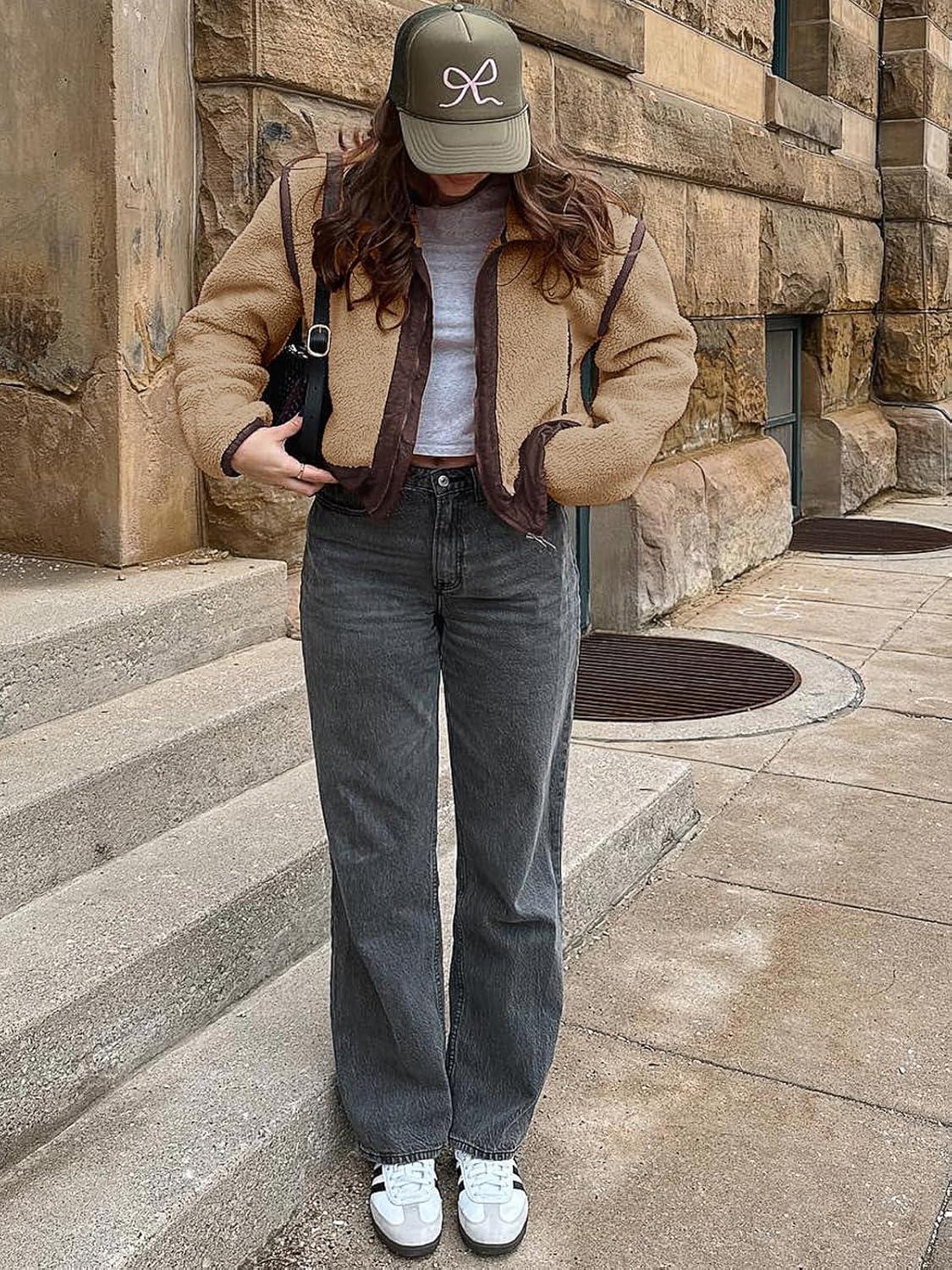 imageTankaneo Womens Cropped Zip Up Fleece Jacket Stand Collar Fuzzy Sherpa Coat Winter Color Block Teddy OuterwearKhaki