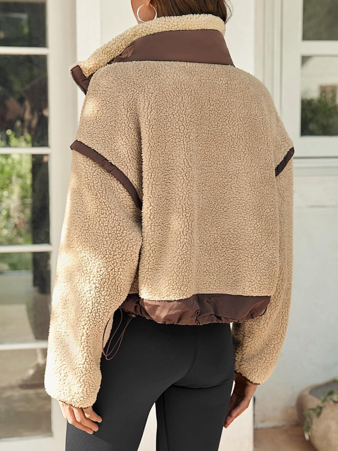 imageTankaneo Womens Cropped Zip Up Fleece Jacket Stand Collar Fuzzy Sherpa Coat Winter Color Block Teddy OuterwearKhaki
