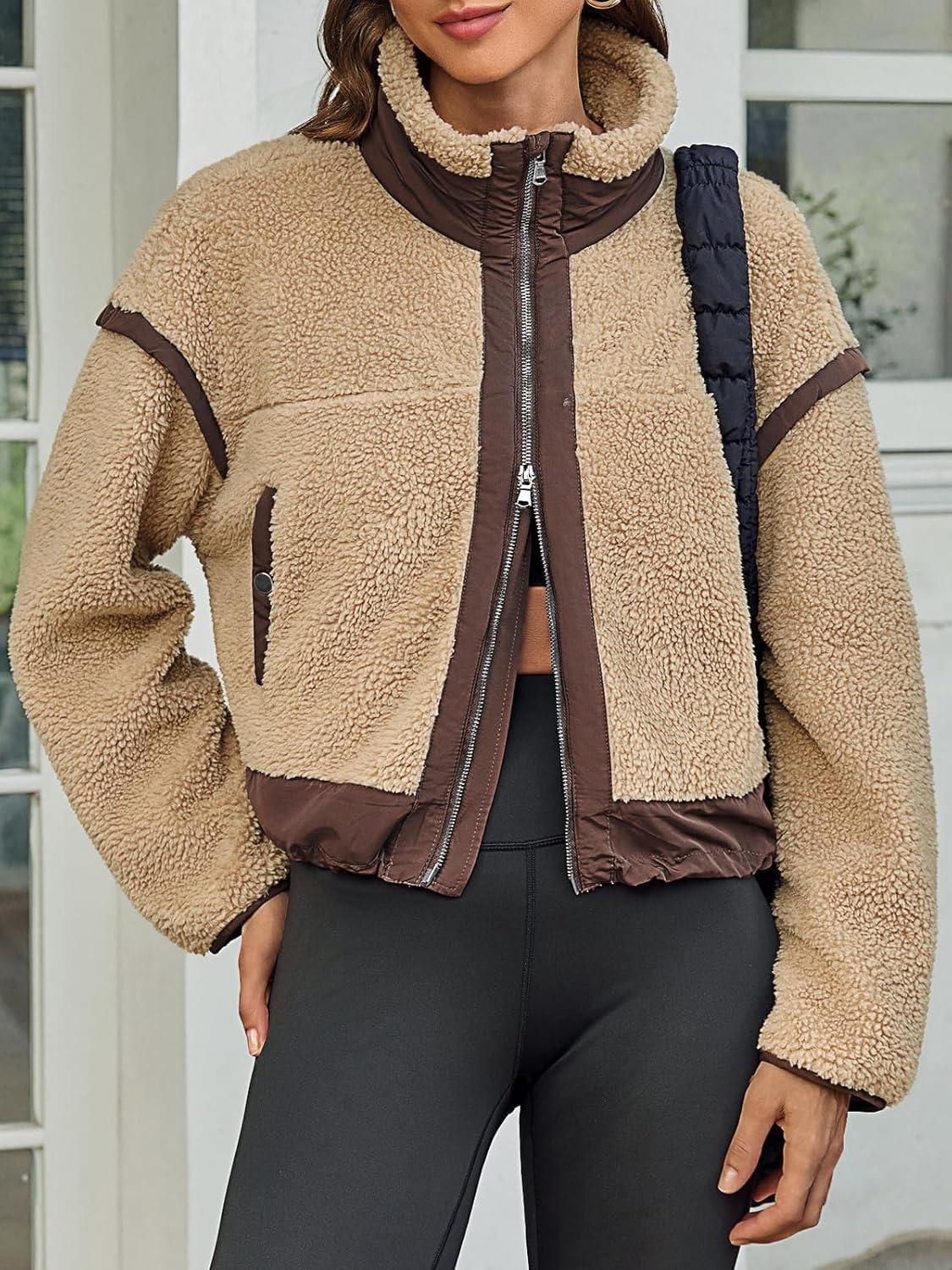 imageTankaneo Womens Cropped Zip Up Fleece Jacket Stand Collar Fuzzy Sherpa Coat Winter Color Block Teddy OuterwearKhaki