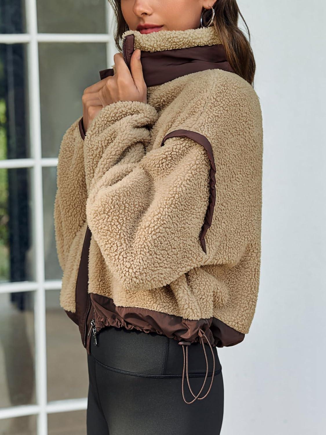 imageTankaneo Womens Cropped Zip Up Fleece Jacket Stand Collar Fuzzy Sherpa Coat Winter Color Block Teddy OuterwearKhaki