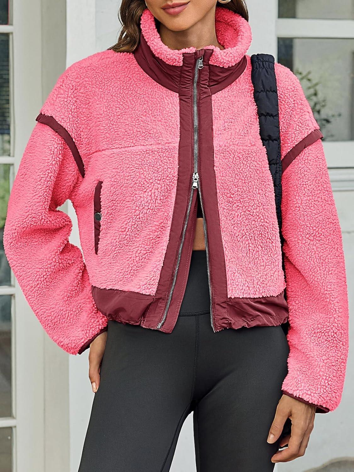 imageTankaneo Womens Cropped Zip Up Fleece Jacket Stand Collar Fuzzy Sherpa Coat Winter Color Block Teddy OuterwearPink