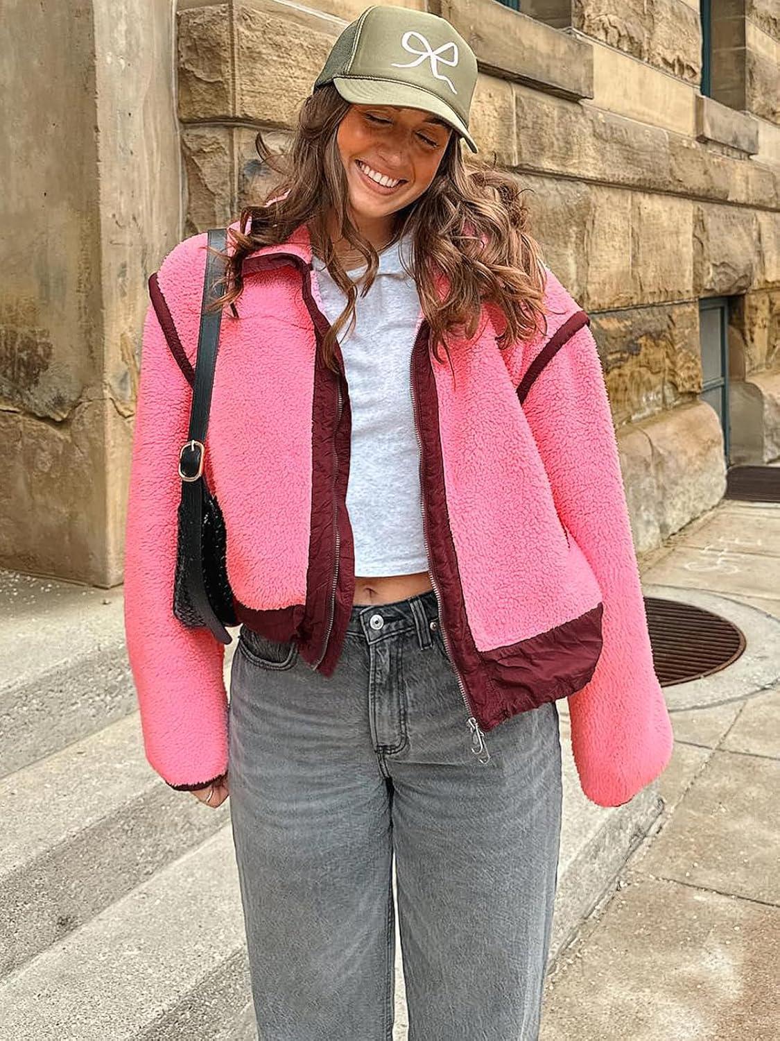 imageTankaneo Womens Cropped Zip Up Fleece Jacket Stand Collar Fuzzy Sherpa Coat Winter Color Block Teddy OuterwearPink