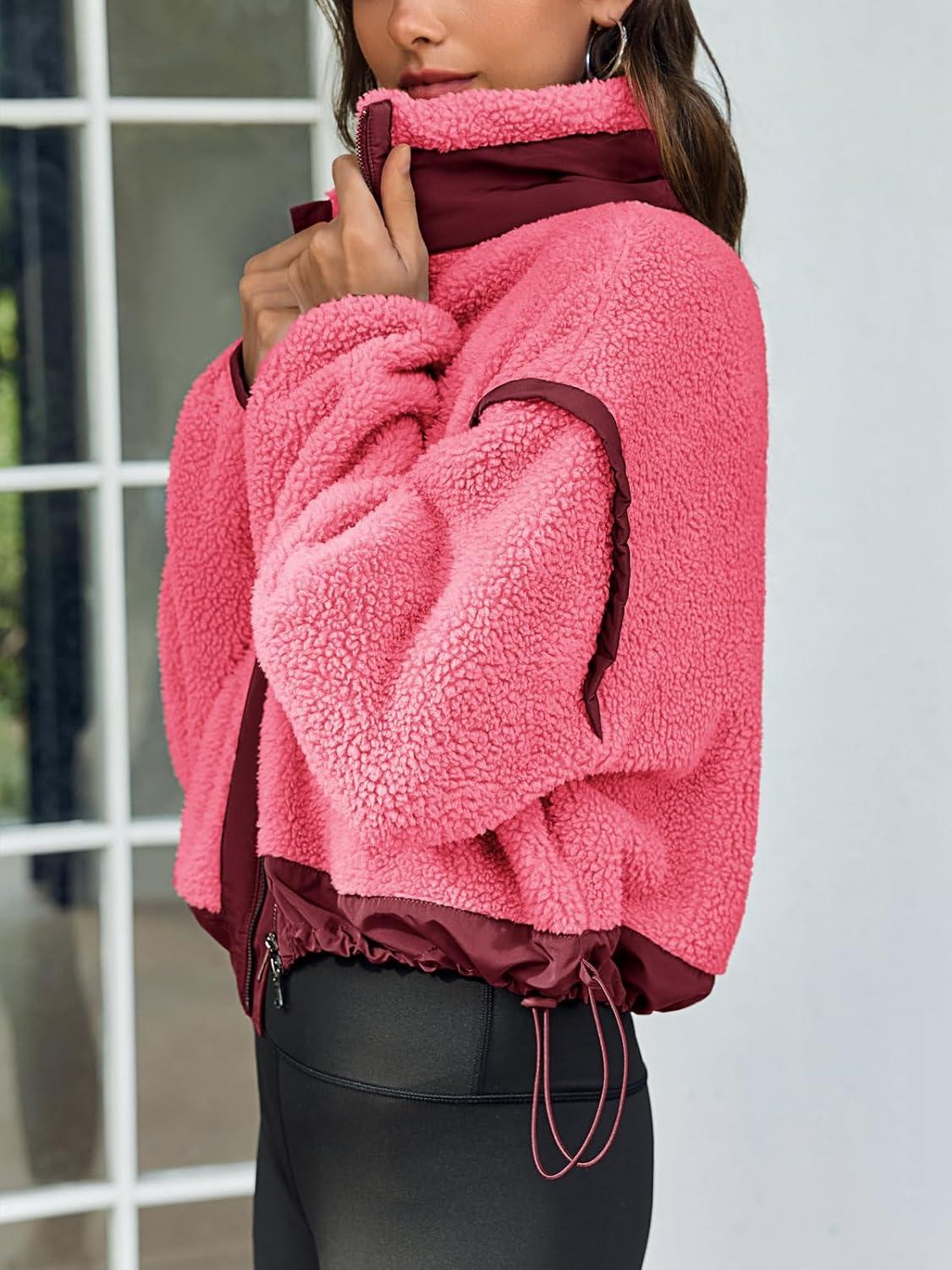 imageTankaneo Womens Cropped Zip Up Fleece Jacket Stand Collar Fuzzy Sherpa Coat Winter Color Block Teddy OuterwearPink