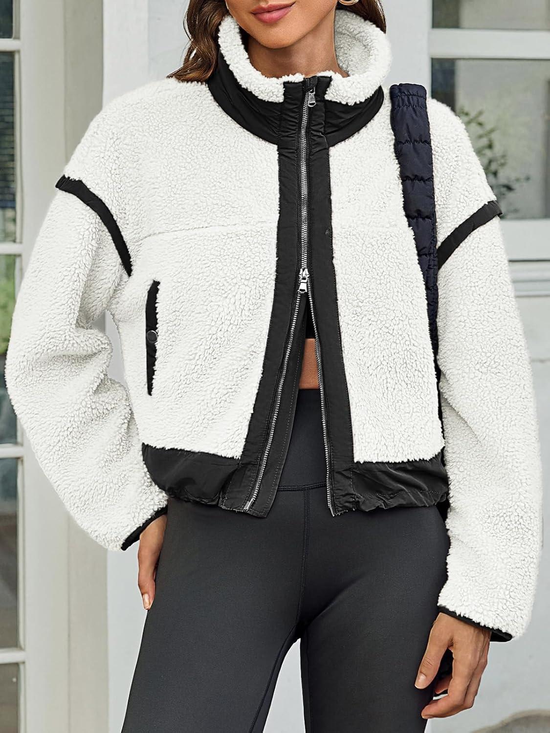 imageTankaneo Womens Cropped Zip Up Fleece Jacket Stand Collar Fuzzy Sherpa Coat Winter Color Block Teddy OuterwearWhite