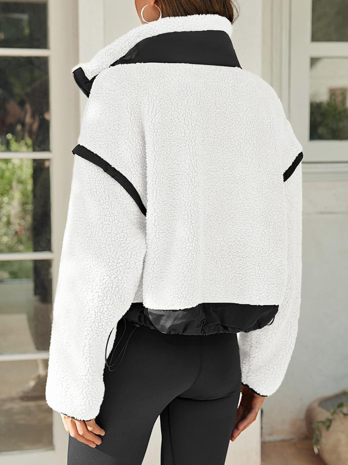 imageTankaneo Womens Cropped Zip Up Fleece Jacket Stand Collar Fuzzy Sherpa Coat Winter Color Block Teddy OuterwearWhite
