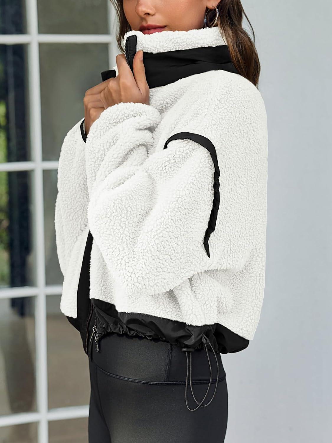imageTankaneo Womens Cropped Zip Up Fleece Jacket Stand Collar Fuzzy Sherpa Coat Winter Color Block Teddy OuterwearWhite