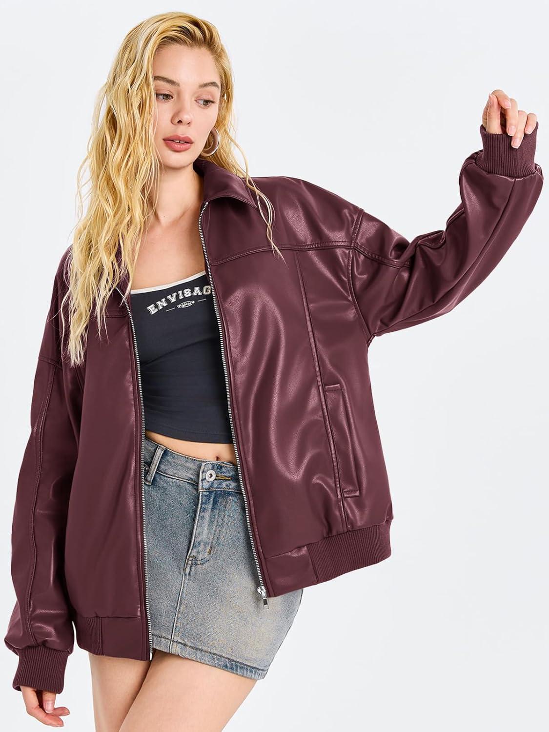 imageTankaneo Womens Faux Leather Jackets Oversized Bomber Casual Fall Fashion Zip Up Moto Biker CoatsBurgundy
