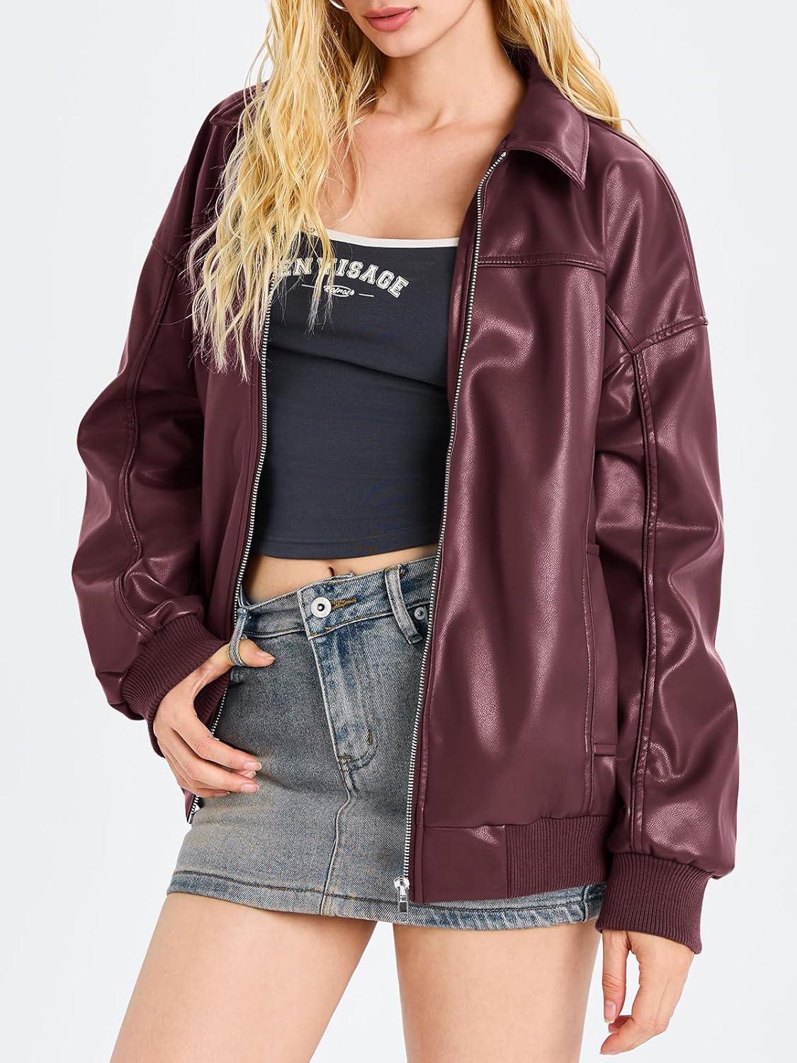 imageTankaneo Womens Faux Leather Jackets Oversized Bomber Casual Fall Fashion Zip Up Moto Biker CoatsBurgundy