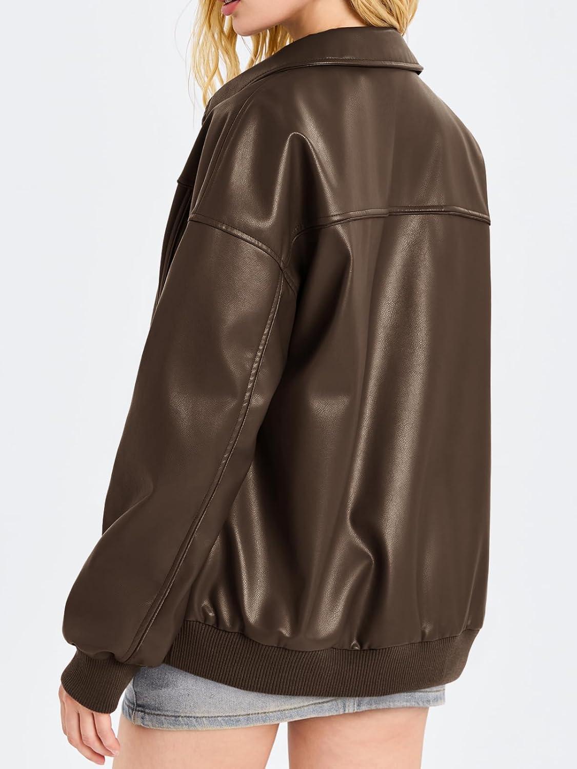 imageTankaneo Womens Faux Leather Jackets Oversized Bomber Casual Fall Fashion Zip Up Moto Biker CoatsDark Brown