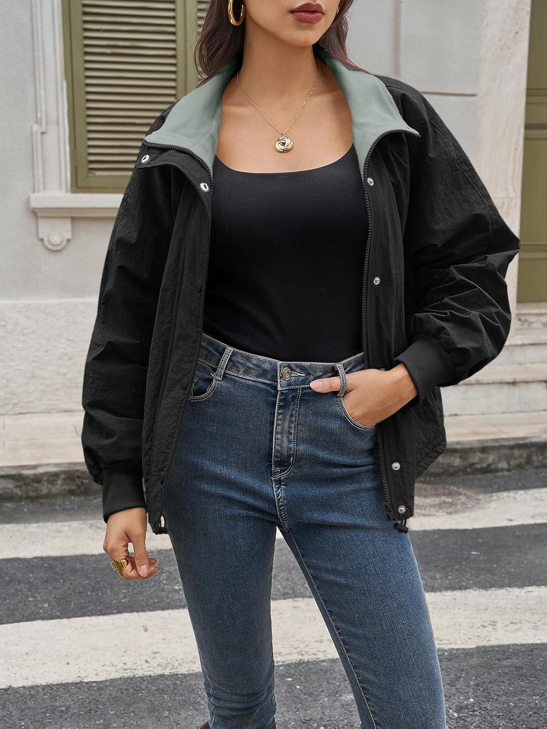 imageTankaneo Womens Fleece Lined Cropped Jackets Full Zip Oversized Casual Coats Winter Warm Outerwear OvercoatsBlack