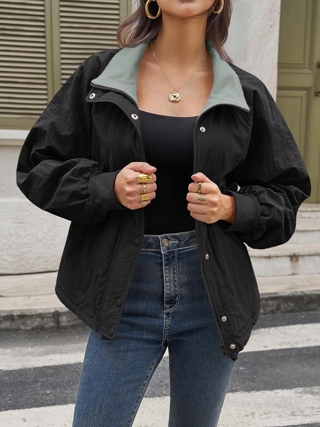 imageTankaneo Womens Fleece Lined Cropped Jackets Full Zip Oversized Casual Coats Winter Warm Outerwear OvercoatsBlack