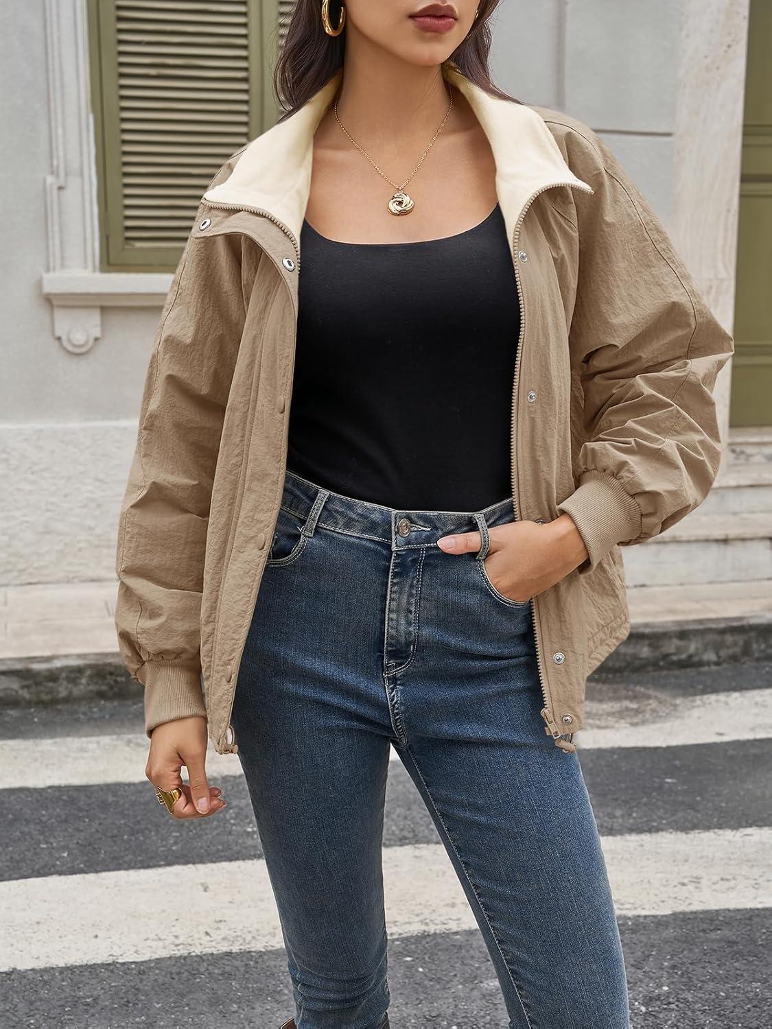 imageTankaneo Womens Fleece Lined Cropped Jackets Full Zip Oversized Casual Coats Winter Warm Outerwear OvercoatsKhaki