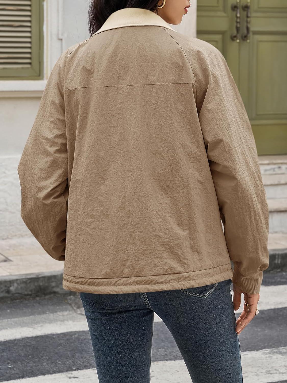 imageTankaneo Womens Fleece Lined Cropped Jackets Full Zip Oversized Casual Coats Winter Warm Outerwear OvercoatsKhaki