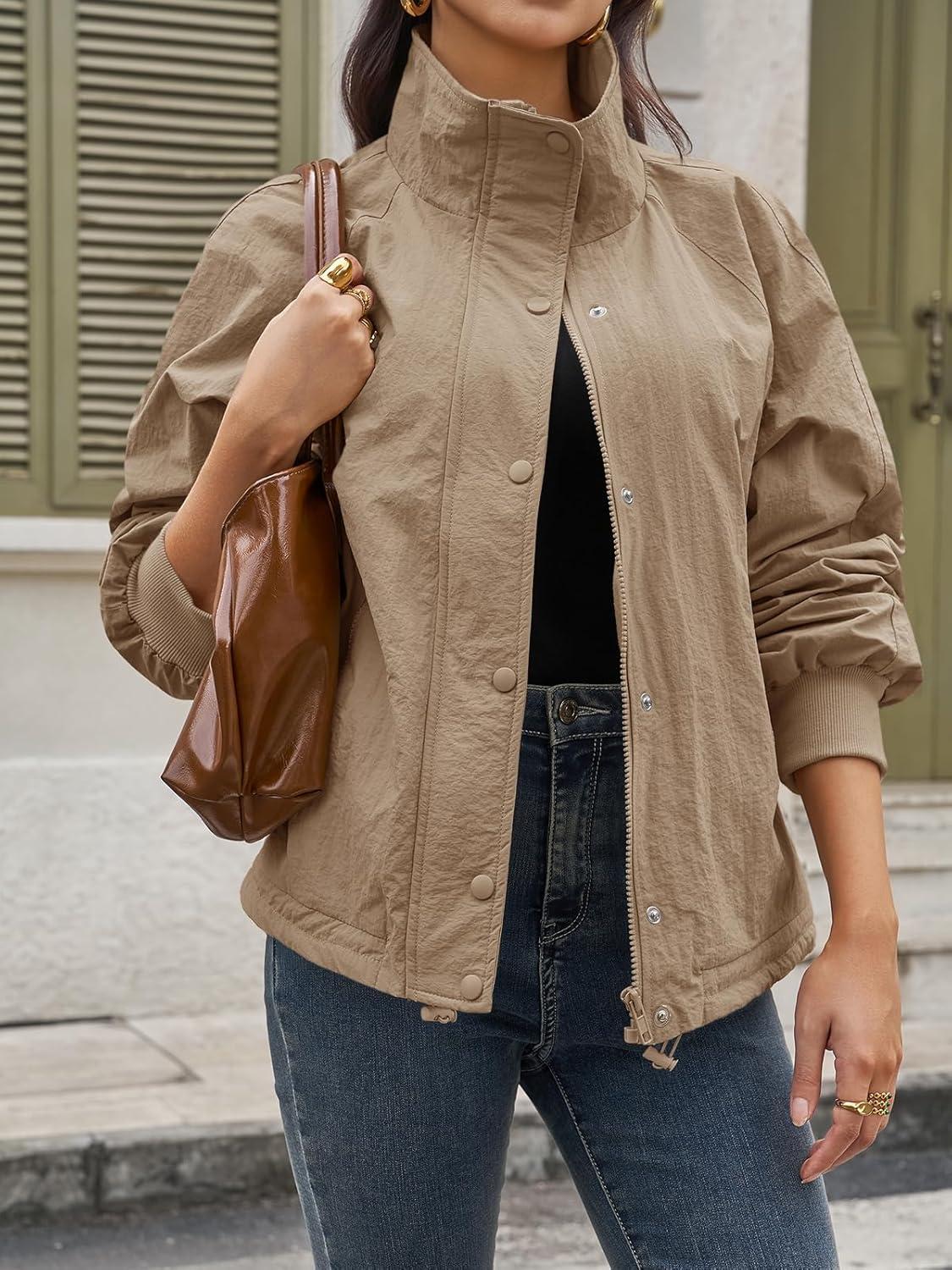 imageTankaneo Womens Fleece Lined Cropped Jackets Full Zip Oversized Casual Coats Winter Warm Outerwear OvercoatsKhaki