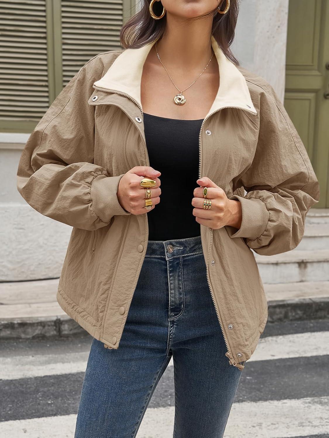 imageTankaneo Womens Fleece Lined Cropped Jackets Full Zip Oversized Casual Coats Winter Warm Outerwear OvercoatsKhaki