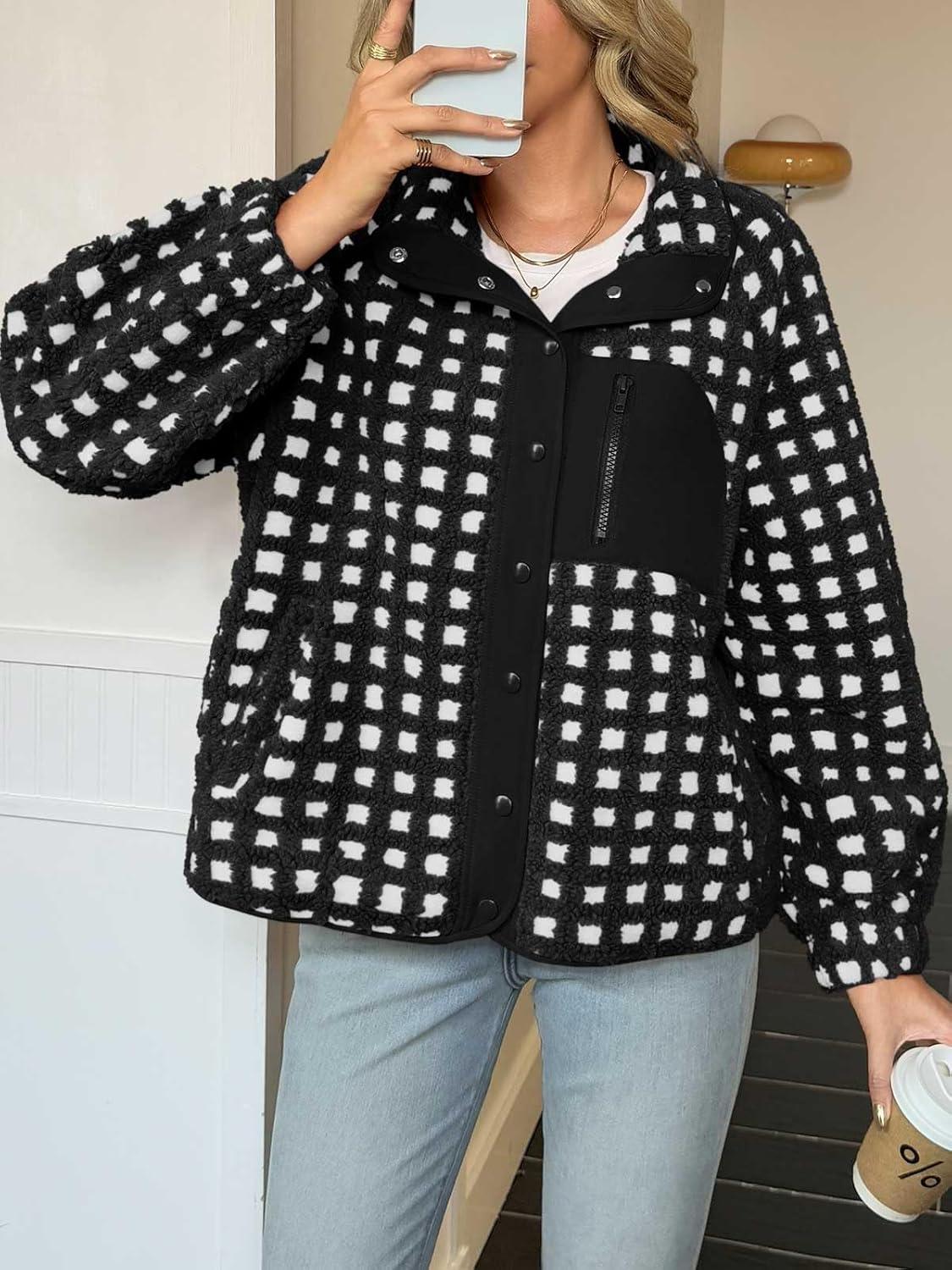 imageTankaneo Womens Fleece Sherpa Jacket Fuzzy Checkered Button Down Stand Collar Jacket Winter Warm OuterwearBlack