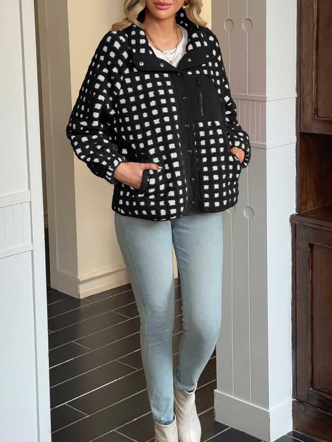 imageTankaneo Womens Fleece Sherpa Jacket Fuzzy Checkered Button Down Stand Collar Jacket Winter Warm OuterwearBlack