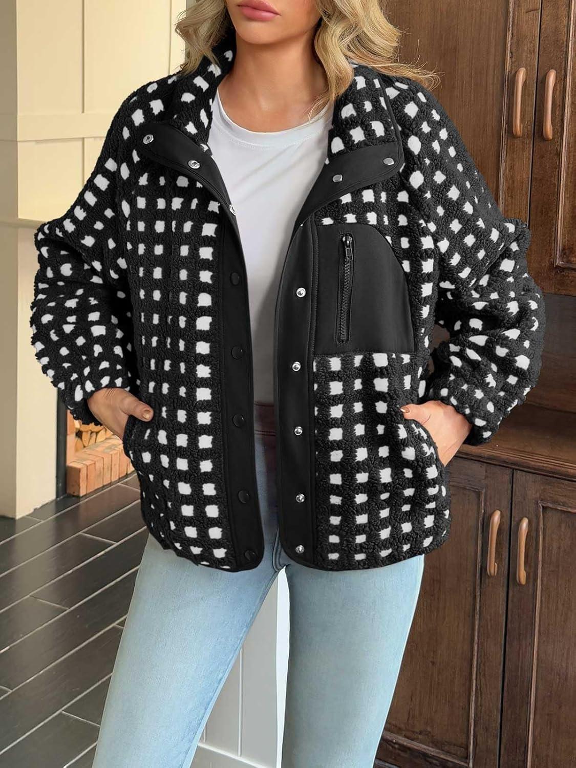 imageTankaneo Womens Fleece Sherpa Jacket Fuzzy Checkered Button Down Stand Collar Jacket Winter Warm OuterwearBlack