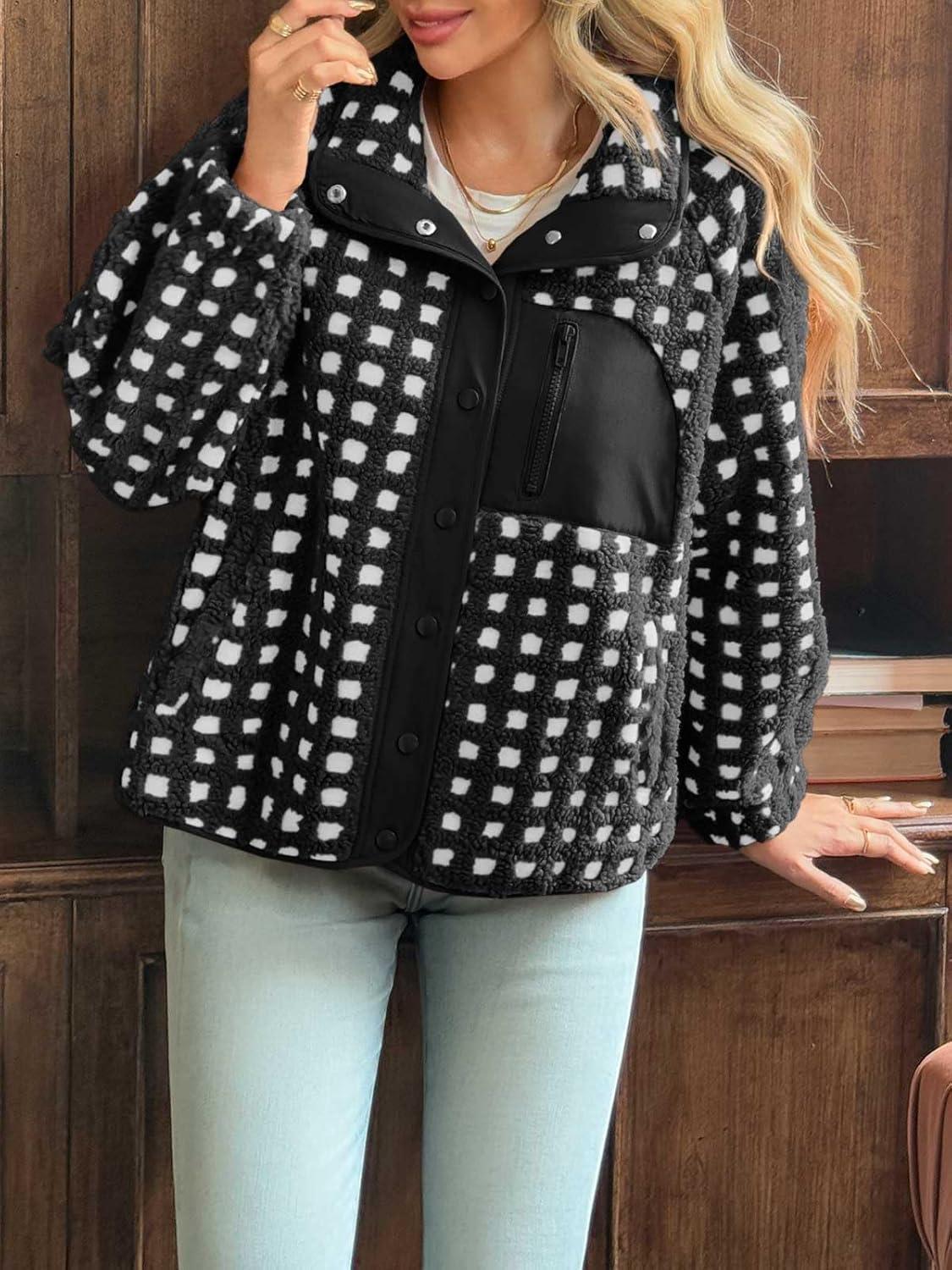 imageTankaneo Womens Fleece Sherpa Jacket Fuzzy Checkered Button Down Stand Collar Jacket Winter Warm OuterwearBlack