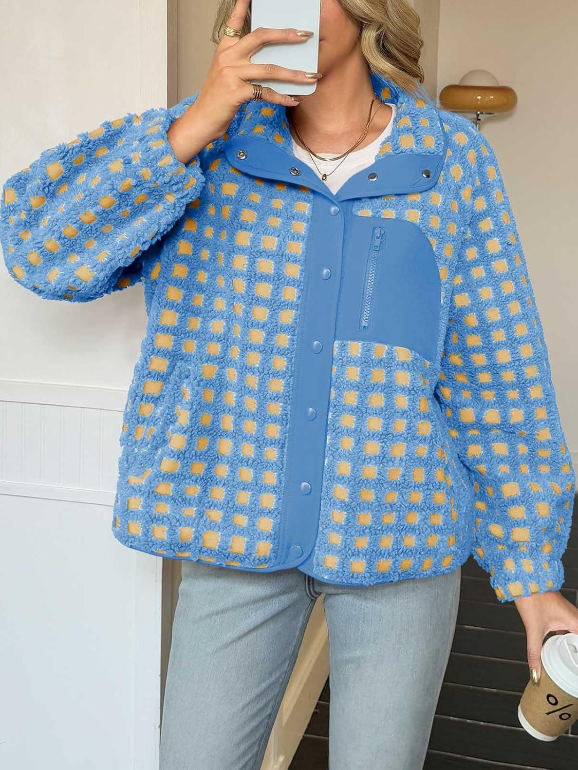 imageTankaneo Womens Fleece Sherpa Jacket Fuzzy Checkered Button Down Stand Collar Jacket Winter Warm OuterwearBlue